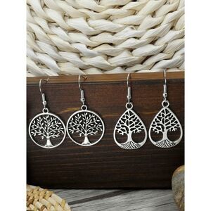 Antique Silver Vintage Style Round Drop Shape Hollow Tree Of Life Dangle Earring